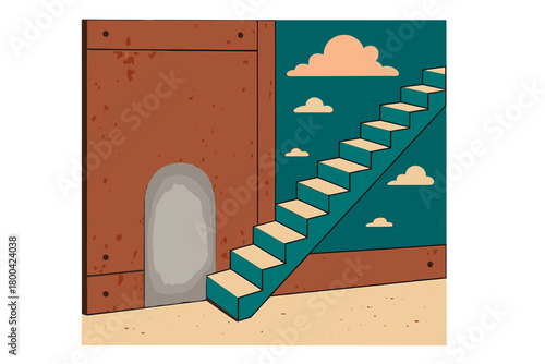 Enter a bizarre, surreal realm beside a corroded metal wall, where a mysterious aperture opens to the unknown, and an impossible staircase transports you to new dimensions