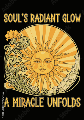 The image depicts a vintage-inspired sun with a benevolent face, surrounded by radiant rays, ornate floral swirls, and uplifting text on a dark background.