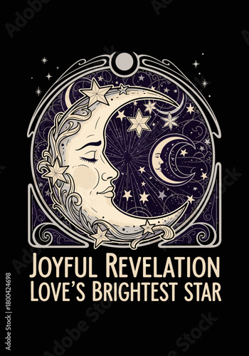 This intricate celestial illustration features a serene crescent moon adorned with stars and elegant Art Nouveau inspired patterns, perfect for mystical themed projects.