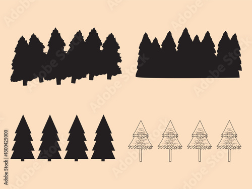 Silhouette of pine trees isolated on white background for decoration