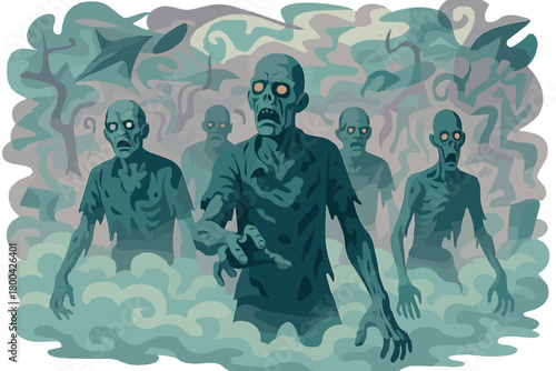 A surreal painting shows zombies emerging from an ethereal, dreamlike fog, set against twisted, abstract backgrounds with floating, distorted objects