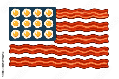The American flag, fashioned from bacon slices for its stripes and sunny‑side‑up eggs for its stars, forms a breakfast‑themed flag that is both surreal and humorous