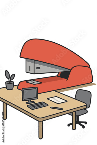 A minimal office arrangement featuring a single, humorously large stapler that takes over the desk, conveying absurd efficiency and dry wit, clean design, and amusing stationery
