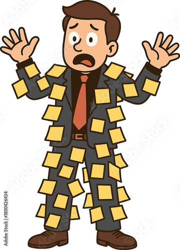A humorous depiction of a businessman swamped with post-it notes