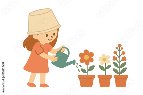 A little girl with a bucket on her head tends to the flowers in her home