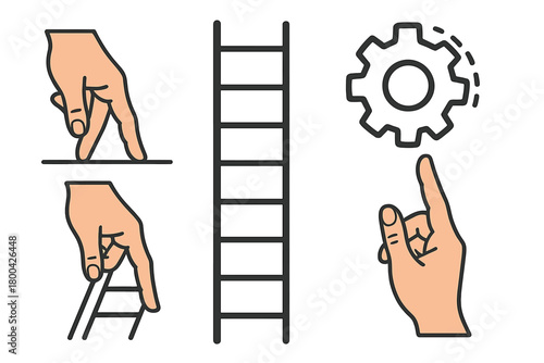 A poster collage featuring human hands and fingers, a key mechanism, climbing up a ladder and stairs, isolated against a drawing background