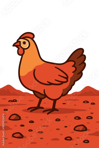 A solitary chicken stranded on Mars' barren terrain, an uncanny idea of a creature adventurer in orbit, a humorous and bizarre picture of a bird on the crimson planet