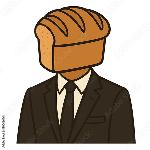 A bizarre picture shows a person with a loaf of bread for a head, clad in a formal black suit, set against a neutral backdrop