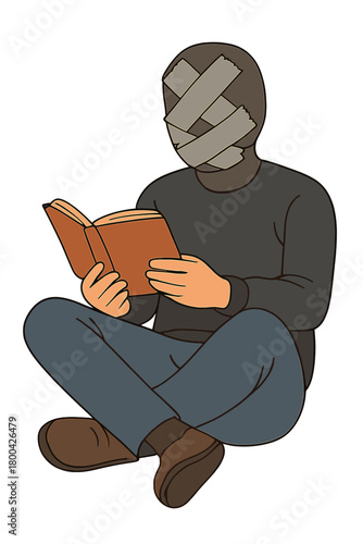 A mysterious man with a duct-taped face sits relaxed while reading a book against a gray backdrop