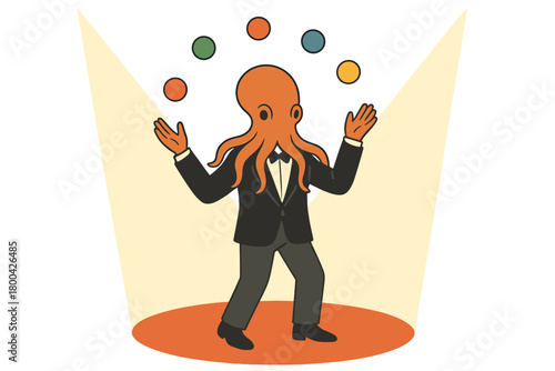 A tuxedo-clad man sporting an octopus head tosses vibrant balls on a spotlighted stage