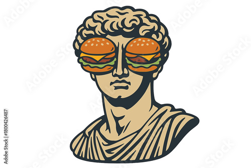 A statue is playfully transformed by swapping its eyes for a juicy cheeseburger, merging fine art with fast‑food surrealism