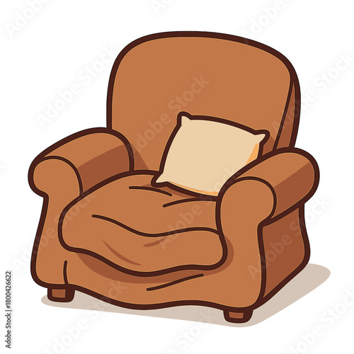 A comically slouched, oversized armchair with one perfectly placed throw pillow suggests a disastrous attempt at comfortable relaxation, chair, cushion, relaxed