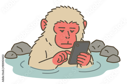 A Japanese snow monkey uses a smartphone while soaking in a hot spring