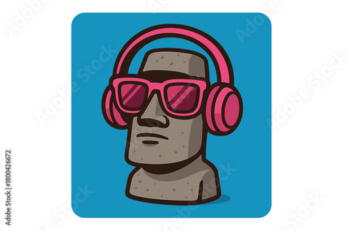 A tiny Easter Island moai souvenir sporting large pink headphones and matching sunglasses set against a blue backdrop