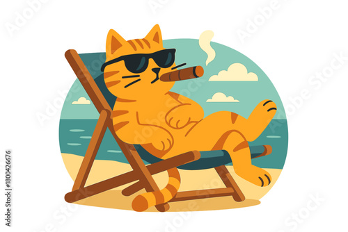 An orange cat wearing sunglasses and puffing a cigar lounges on a beach chair by the sea, creating a surreal, humorous scene with a hint of style and confidence