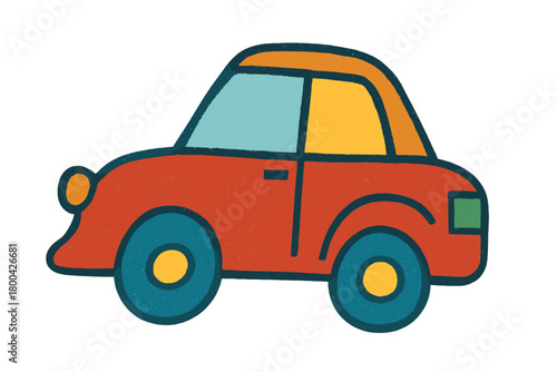 A car that appears child‑drawn, with an asymmetrical design, absurd shape, photorealistic rendering, and retro colors