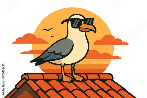 A humorous seagull sporting sunglasses perched on a tiled roof at sunset
