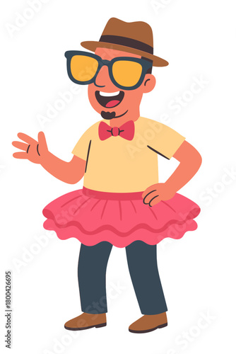 Big sunglasses, a bright pink tutu, a fedora, comedic clothing, comedy, humor, and absurdity