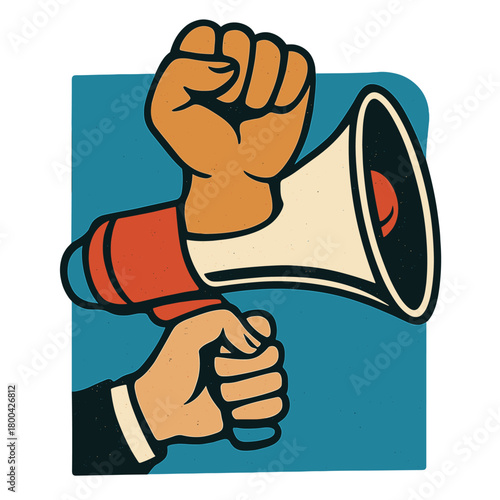 A creative collage of art shows a hand gripping a megaphone, but the megaphone is replaced by a clenched fist, set against a blue backdrop