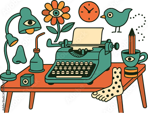 A Dadaist tableau featuring a typewriter and a whimsical desk filled with absurd, unconventional elements