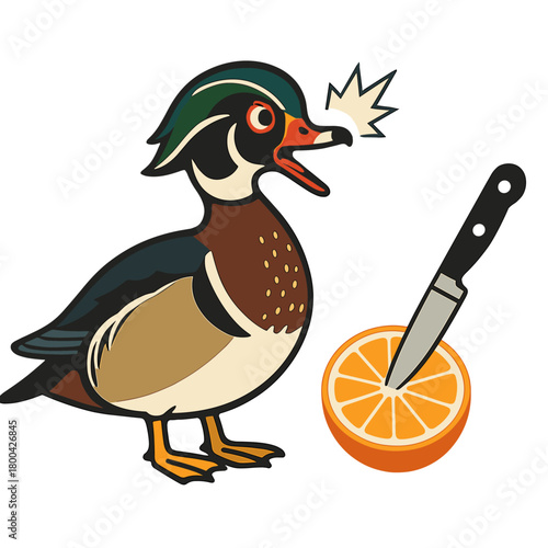 A humorous image captures an irate Wood Duck squawking at a knife lodged in a sliced orange, creating a surreal and unexpected wildlife scene that is both bizarre and funny