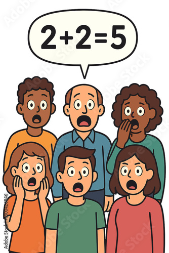 A cartoon crowd is stunned by the mathematical fallacy that 2+2 equals