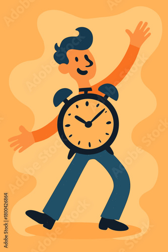 A creative abstract template graphic image of a funny funky guy clock, with the body replaced by an isolated orange‑beige drawing background