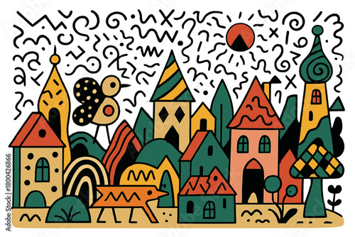 A Dadaist village tableau featuring absurd shapes and whimsical patterns beneath a tumultuous sky