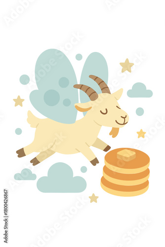 A whimsical goat, sporting bubble wings, soars alongside pancakes in a dreamy sky