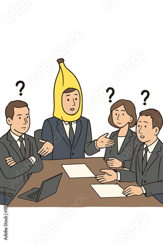 A businessman in a banana costume attends a serious meeting, causing bewildered reactions from the attendees