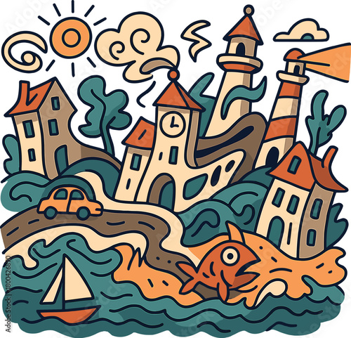 A bizarre seaside town scene featuring whimsical details and delightfully chaotic distortions