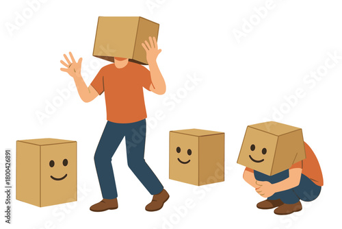 An adult male playfully moves boxes, carrying one on his head or hiding it, while engaging in nonsensical fun