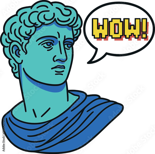 K modern concept video featuring an ancient statue head, a GIF animation with a game‑style speech balloon, contemporary stop‑motion art, a funky and unusual design, pop‑art template, and a talk