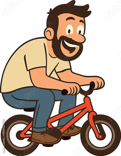 A humorous man wearing jeans and a t-shirt rides a child's bike against a light backdrop