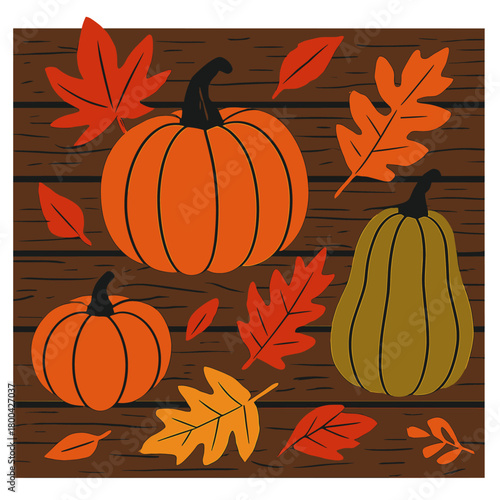 The vibrant autumn harvest is celebrated on wooden planks, with daring imagery and pumpkins and leaves subtly arranged to decorate rustic wood, creating an oddly captivating and visionary fashion