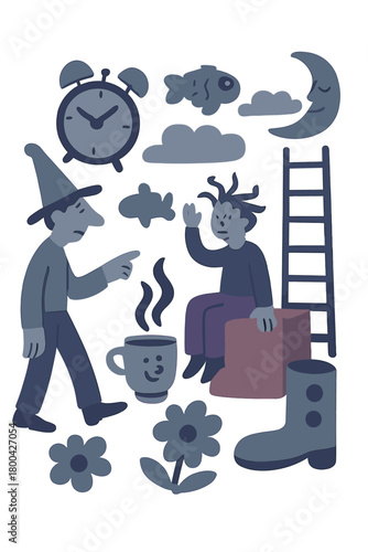 a dim, chromatic image appears in a whimsically absurd scene