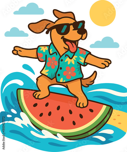 A cheerful dog in sunglasses and a Hawaiian shirt surfs a giant watermelon slice on the beach, creating a hilarious summer scene with vibrant colors