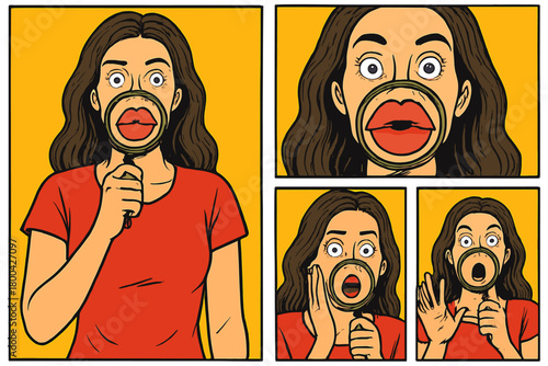 A collage image of a young, attractive, eccentric woman using a magnifying glass to enhance her lips, looking shocked, set against a yellow background