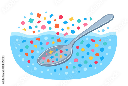A metal spoon submerged in water, surrounded by vibrant floating microplastic particles that represent environmental pollution and food contamination,