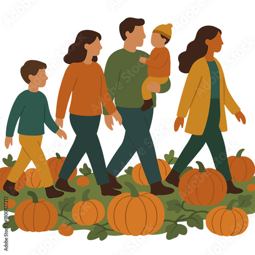 A group of people stroll through a pumpkin field