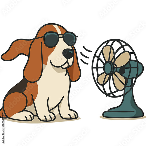 A cute basset hound in aviator sunglasses lounges in front of a vintage fan, creating a humorous and fashionable summer tableau