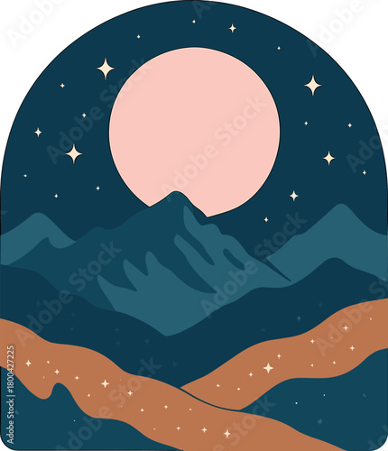A rosy moon climbs above a glittering, mountainous panorama