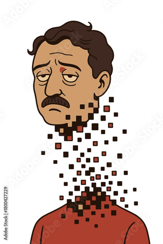 A head drifting into digital shards, conjuring ideas of identity and being within a surreal emptiness; the tone is absurdly sardonic, echoing existential prose