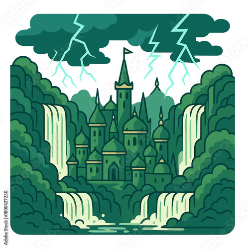 A mystical, verdant city surrounded by cascading waterfalls and striking lightning