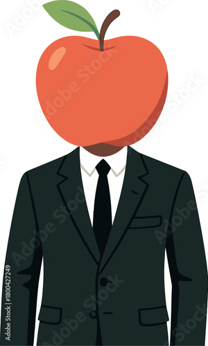 An individual in a suit, sporting a large apple as a head, showcased in a creative art display