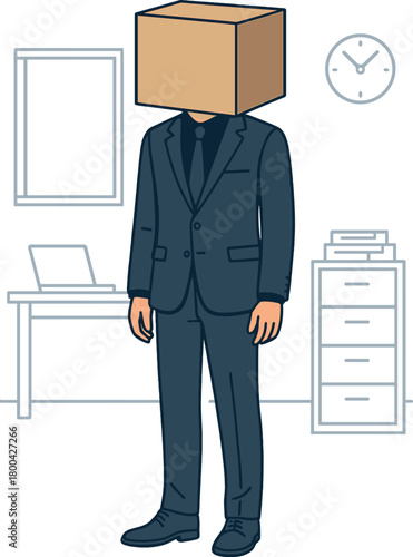A man in a business suit, holding a cardboard box on his head, stands in an office setting