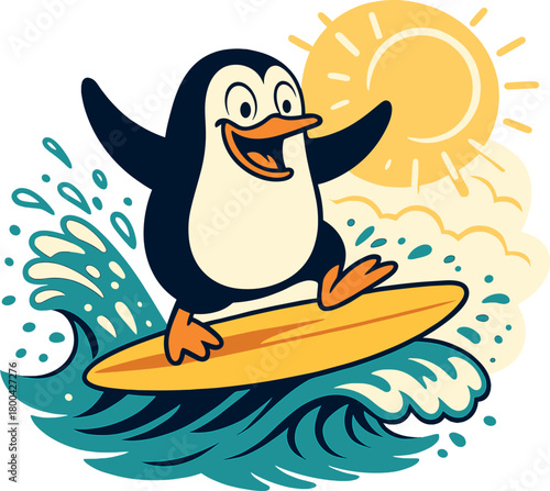 A comical penguin surfs on a bright yellow board across ocean waves, mid‑action with splashes and sunshine, embodying a whimsical, surreal summer vibe and delivering unexpected beach fun