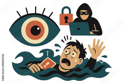 A 3D retro abstract creative artwork template collage depicting a frightened man drowning, a large watching eye, and a hacker spying on personal information, all under threat
