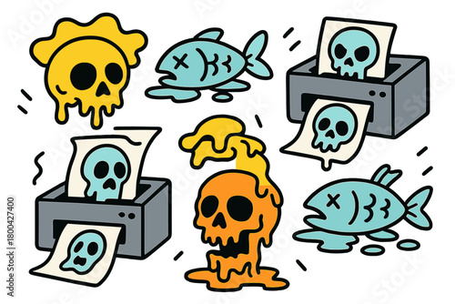 Melting skulls, dead fish, and haunted printers depicted in a graffiti cartoon vector illustration, perfect for sticker packs, absurd office humor, or environmental collapse themes