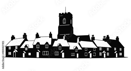 Charming village scene with historic church and row of quaint houses